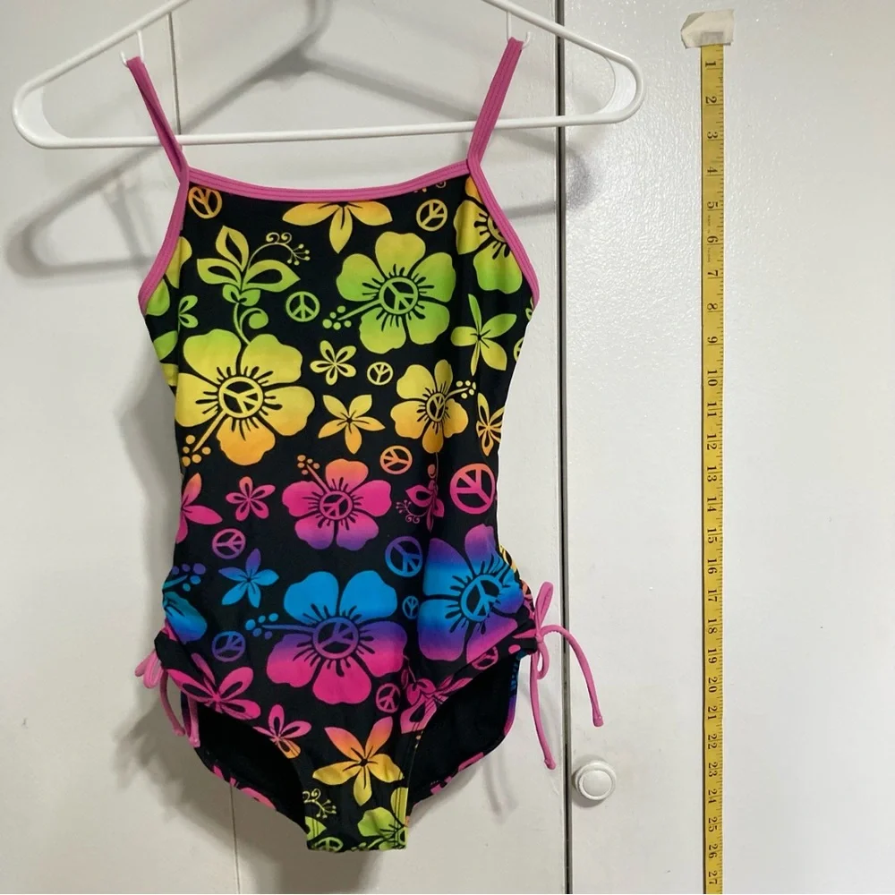 SO One Piece Peace and Flower Power Swimsuit Girls Size 10